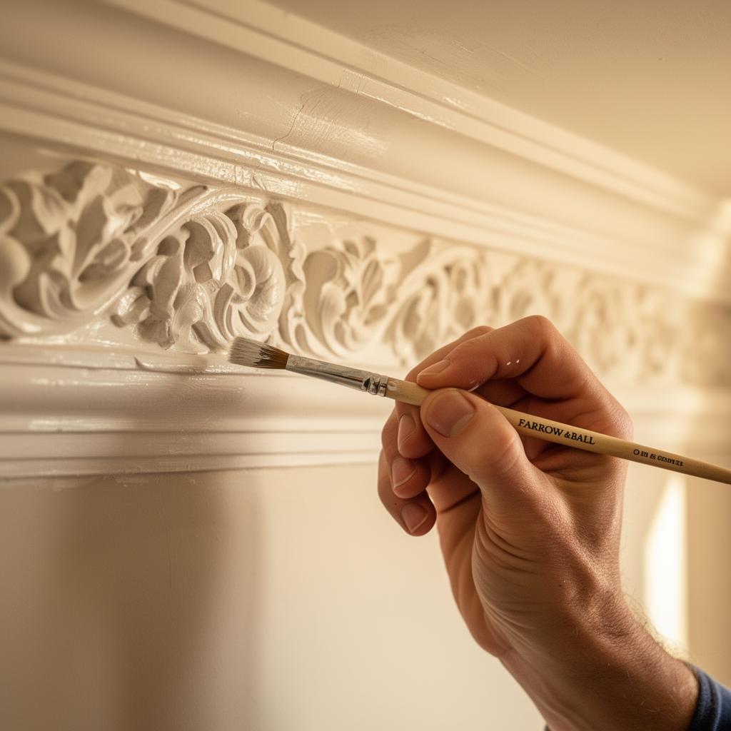 Skilled decorator painting ornate cornice detail with Farrow and Ball paint